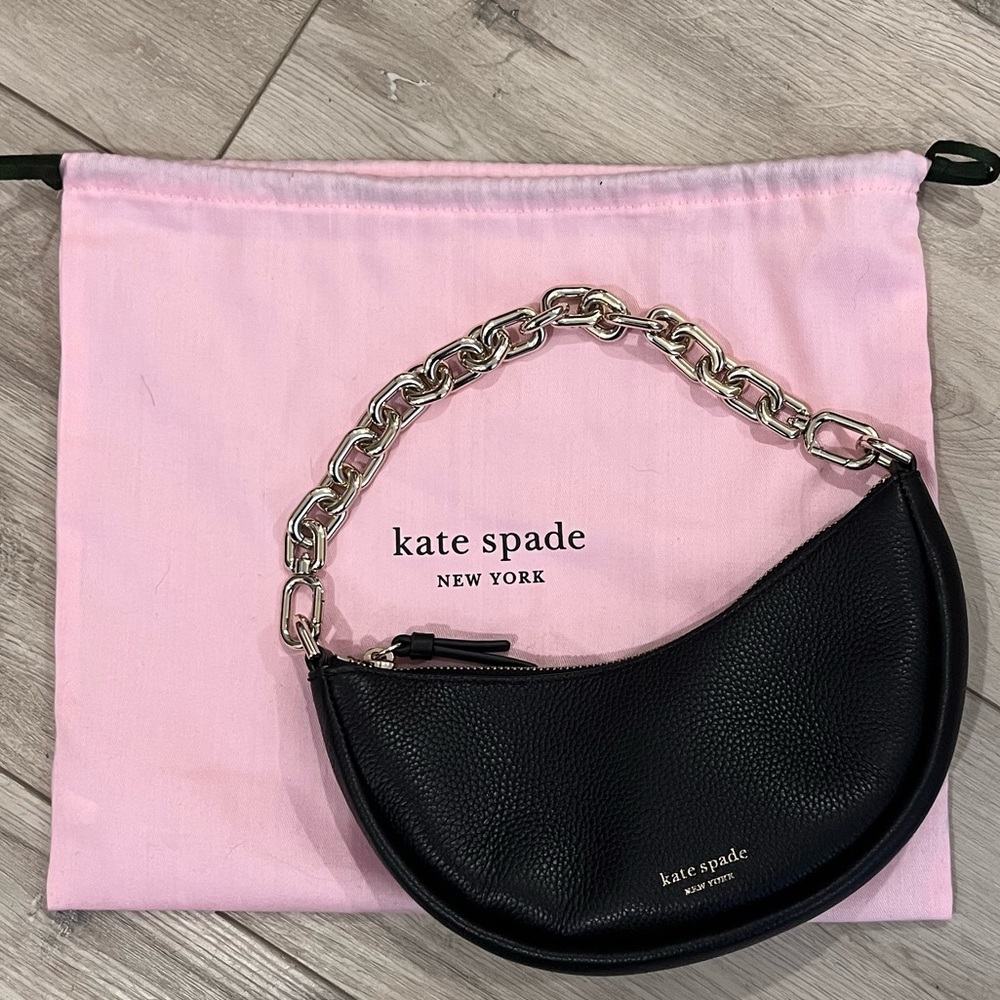 Kate Spade Black Small Smile Leather Crossbody Bag with Gold Chain and Strap
